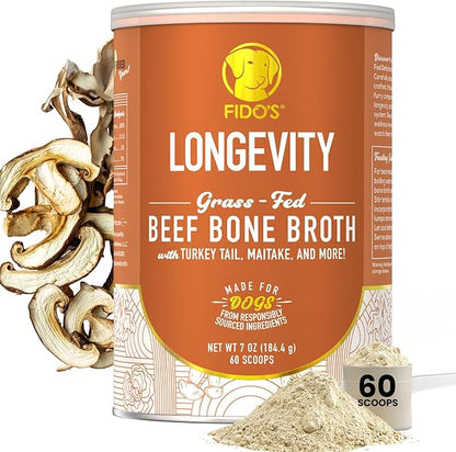 Fido's Longevity Bone Broth for Dogs - Turkey Tail + Maitake Mushroom - Grass-Fed Beef Bone Broth Powder - Dog Immune Support - Mushroom Supplement for Dogs - Dog Food Topper for Dry Food - 60 Scoops