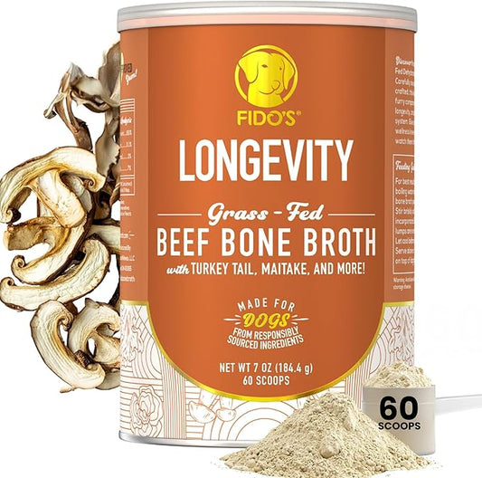 Fido's Longevity Bone Broth for Dogs - Turkey Tail + Maitake Mushroom - Grass-Fed Beef Bone Broth Powder - Dog Immune Support - Mushroom Supplement for Dogs - Dog Food Topper for Dry Food - 60 Scoops
