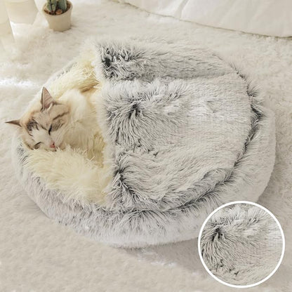Cat Bed Round Fluffy Hooded Cat Bed Cave, Anti-Anxiety Cave Bed with Hooded Blanket, Cozy Cuddler Luxury Puppy Pet Bed, Anti-Slip Bottom and Machine Washable (Grey, Medium)