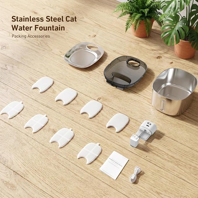PartsBling Stainless Steel Cat Water Fountain, 4.2L/142 oz | Cordless Pet Water Fountain with Sensor, 5000mAh Rechargeable Battery, Ultra Quiet, 4 Filters, for Cats & Small Dogs, White