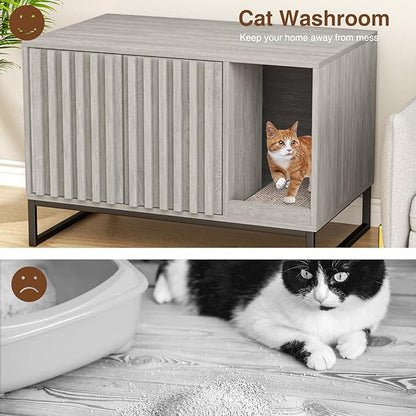 Halitaa Litter Box Enclosure, Modern Cat Litter Box Enclosure Furniture Hidden Litter Box with Cat Scratch Pad, Cat Washroom Cat House End Table, Entryway Bench for Livingroom (Grey)
