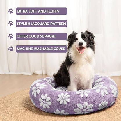 Donut Dog Beds for Small Dogs, Calming Round Cat Beds for Indoor Cats, Cute 3D Textured Flower Pet Bed with Removable Washable Cover and Anti-Slip Bottom（Purple，23"）
