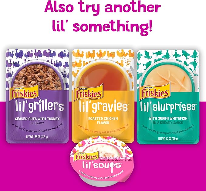 Friskies Purina Pureed Cat Food Topper,Lil’ Shakes with Scrumptious Salmon Lickable Cat Treats - 1.55 oz. Pouches,(Pack of 32)