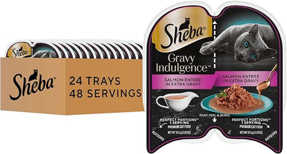 Sheba Gravy Indulgence Adult Wet Cat Food, Wet Food for Cats Salmon Entree in Extra Gravy, 2.6 oz. Twin-Pack Trays (24 Count, 48 Servings)