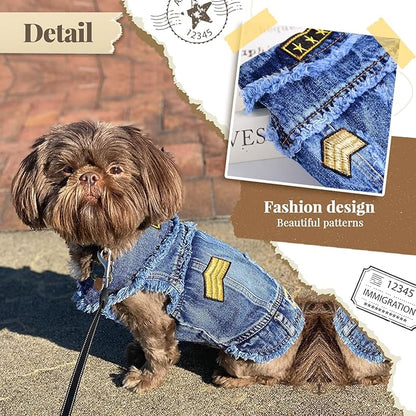 Cool Dog Jean Jacket Small Puppy Outfits Frenchie Clothes Denim Coats for Small Medium Dogs Cats Boys Girls Pet Vest Dog Shirt Clothing Doggy Costume (Blue Print, XXL（Suggest 15-20 lbs）)