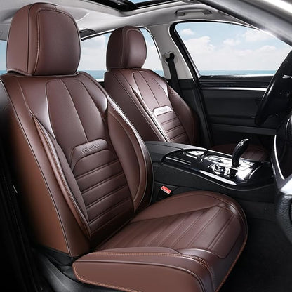 Car Seat Covers Full Set, Brown Seat Covers for Cars, Automotive Seat Covers, Waterproof Nappa Leather Front Seats and Back Car Seat Protector, Universal Fit for Most Cars SUV Trucks