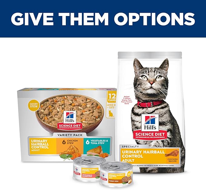 Hill's Science Diet Adult Urinary & Hairball Control Wet Cat Food Variety Pack, Chicken Stew, Vegetables & Tuna Stew, 2.9 oz. Cans, 12-Pack