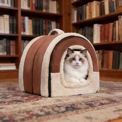 Hollypet Cat Bed Self-Warming 2 in 1 Foldable Kitty Cave Hut House Nest Pet Sleeping Bed, Crystal Velvet Pet Condo for Indoor Cats, Brown Arched Cave