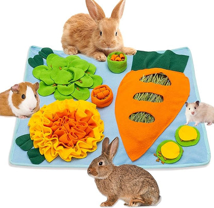 Rabbit Hay Feeder - Interactive Polar Fleece Pet Foraging Mat Toy Indoor for Guinea Pig Bunny Chinchillas Hamster Ferrets Small Animals - Anti Slip Feeding Mat Treat Dispenser Machine Washable