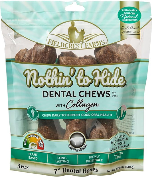 Fieldcrest Farms Dental Chews for Dogs, Bone (7inches, 3count Pack) – Tackles Plaque, Tartar, Promotes Dental Health – w/Collagen, Organic, Gluten-Free