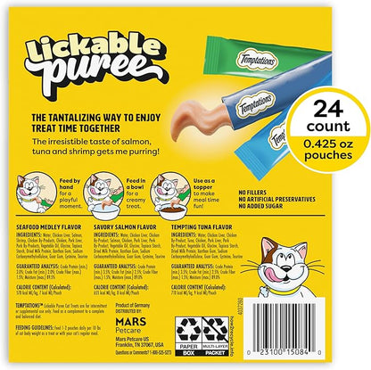 Temptations Creamy Puree Squeezable Lickable Cat Treats, Wet Cat Treats with Tuna, Salmon, and Seafood Medley Variety Pack, 0.42 oz. Tubes, 24 Count