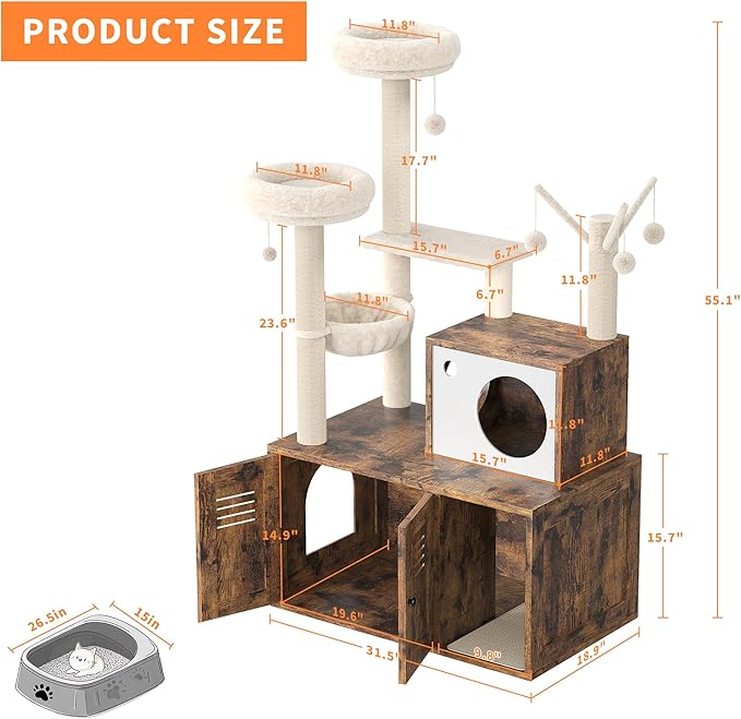 Cat Litter Box Enclosure with Tree Tower and Condo, Hidden Pet Washroom Furniture with Sisal Scratching Post,Hammocks and Soft Plush Perch, Wooden Cat Furniture with Multiple Platforms,Rustic Brown