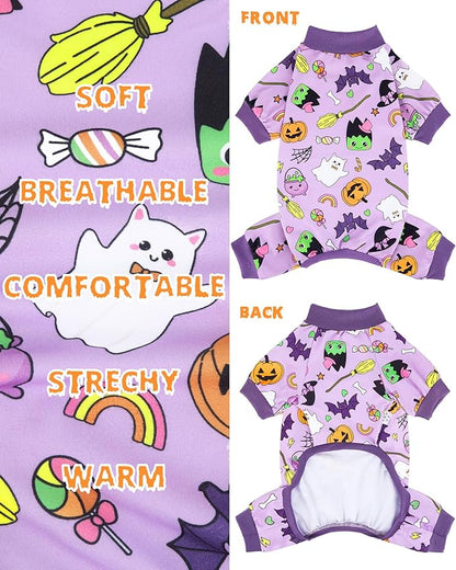XPUDAC Halloween Dog Clothes Comfy Strechy Puppy Pajamas Cute Pet Onesies for Small Medium Dogs Boy Girl Cat Apparel Pet Outfit Purple, 223-L