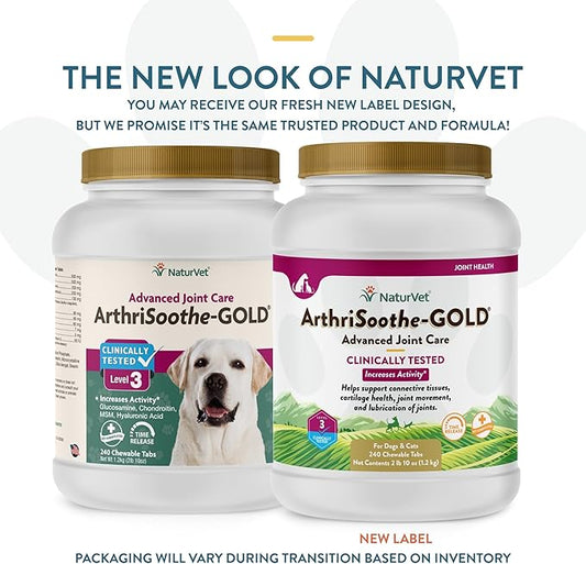 NaturVet Clinically Tested ArthriSoothe-Gold Level 3 Advanced Joint Care for Dogs and Cats, 240 ct Time Release, ChewableTablets, Made in USA