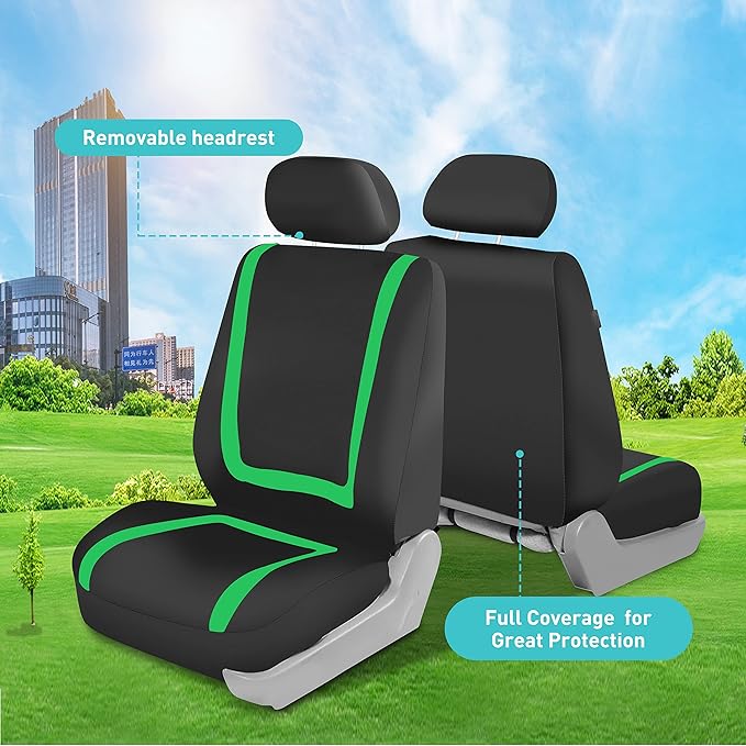 FH Group Car Seat Covers Full Set Cloth - Universal Fit Automotive Seat Covers, Low Back Front Seat Covers, Solid Back Seat Cover, Washable Car Seat Cover for SUV, Sedan and Van Green