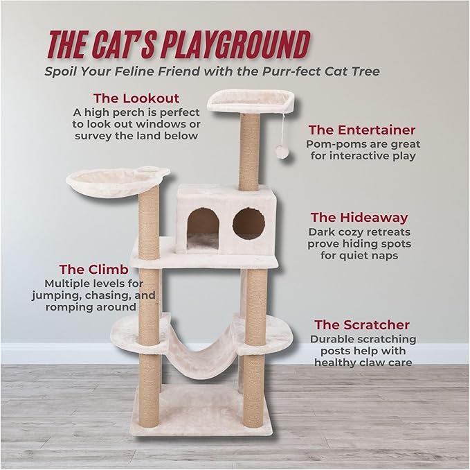 TRIXIE 56" Federico Cat Tower - Indoor Cat Furniture with Jute Scratching Posts - Tree with Condo, Platforms, Hammock, Dangling Toy - Greige