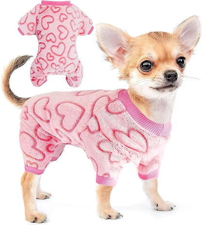 Dog Sweaters for Small Dogs Girl Dog Clothes Fleece Small Dog Pajamas Female Warm Dog Pjs Soft Dog Onesie Heart Chihuahua Clothes Pink Pet Puppy Pajamas, 3XS