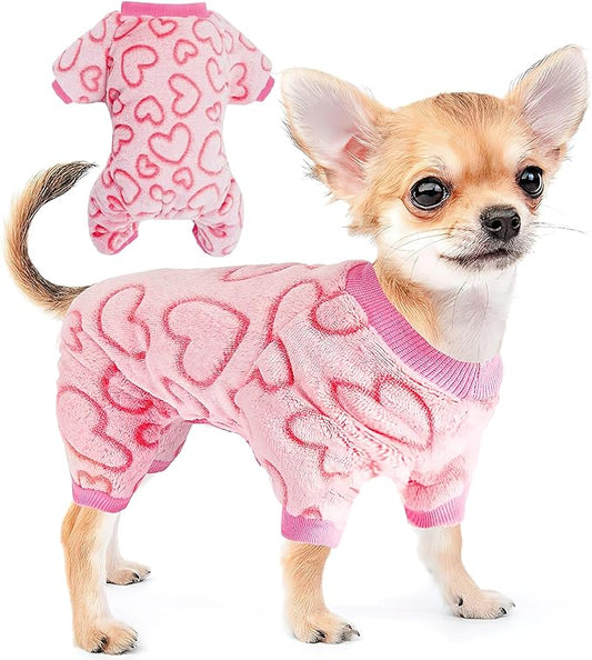 Dog Sweaters for Small Dogs Girl Dog Clothes Fleece Small Dog Pajamas Female Warm Dog Pjs Soft Dog Onesie Heart Chihuahua Clothes Pink Pet Puppy Pajamas, XXS