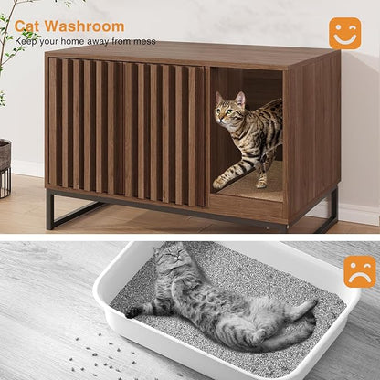 Halitaa Cat Litter Box Enclosure, Modern Hidden Litter Box Furniture with Scratch Pad, Indoor Cat Washroom House End Table, Entryway Bench for Livingroom (Walnut)
