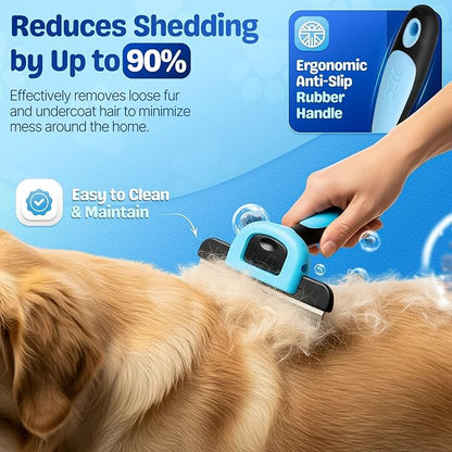 Flexzion Deshedding Dog Brush for Short Haired Dogs & Cats - Stainless Steel Dog Brush for Shedding Short Hair Pets Small, Medium, & Large - Professional Pet Grooming Comb Tool w/Safety Blade, Blue