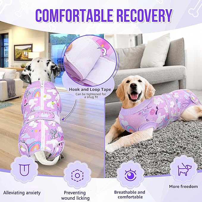 Lukovee Recovery Suit for Dogs, Zipper On Dog Surgery Suit for Female Male Dog, Onesies Bodysuit Prevent Licking Spay Abdominal Wounds Bandages E-Collar Alternative (Purple, M)