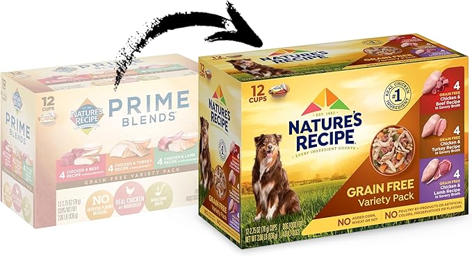 Nature's Recipe Grain Free Wet Dog Food Variety Pack, Chicken Recipes with Beef, Turkey & Lamb in Savory Broth, 2.75 oz. Cups (Pack of 48)