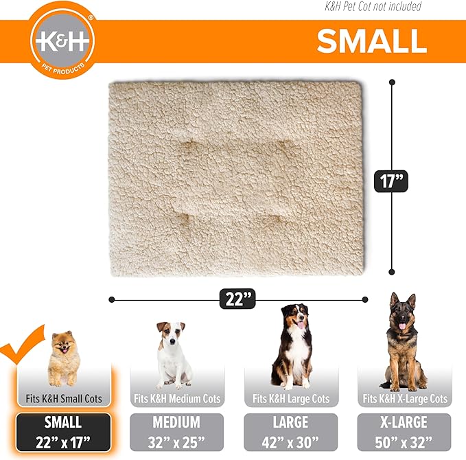 K&H Pet Products Dog Cot Pad (Cot Sold Separately), Pillow-Top Comfort Bed for K&H Small Elevated Dog Beds, Soft & Fluffy, Secure Fit Straps, Machine Washable, Portable - Small 22 X 17in Tan Fleece