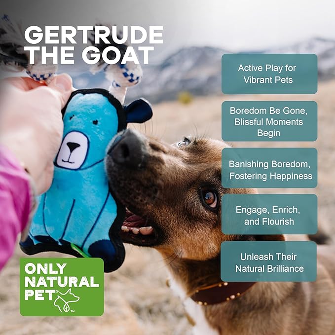 Only Natural Pet Mountain Friends Recycled Plush Dog Toys - Durable Double-Stitched Design with Internal Squeaker & Rope Tug Horns - Stuffed Toy for Dogs, Squeaky Pet Toy | Gertrude The Goat, 5" x 9"
