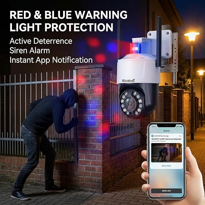 JideTech 4K 8MP Security Camera Outdoor, 5X Optical Zoom, PTZ Camera WiFi 2.4/5GHz, Red & Blue Light Alarm, Color Night Vision Floodlight, Auto Tracking, Human Vehicle Pet Detection