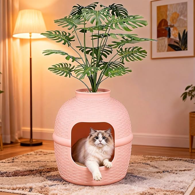 Cat Litter Box, Hidden Litter Box with Faux Plant, Heavy Duty Litterbox Enclosure Furniture with Rattan Pattern, PP Cat Box Enclosure Furniture for Living Room, Bedroom, Pink
