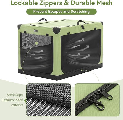 PETSFIT 30" Soft Portable Dog Crate – Patented Spiral Sturdy Frame, Collapsible Travel Kennel for Medium Dogs, 3 Mesh Door, Lockable Zippers, Indoor & Car Use Green
