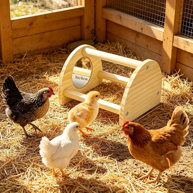 Pine Chicken Perch with Mirror, Strong Chick Jungle Gym Roosting Bar, Chicken Toys for Coop and Brooder, Training Perch Toys for Large Bird, Parrot, Macaw, Hens (Small)