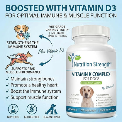 Vitamin K for Dogs - K1 & K2 (MK4 + MK7) + Vitamin D3 for Bone Health, Heart Support & Calcium Absorption - Advanced Formula for Strong Joints, Muscle & Immune Support - 120 Tablets