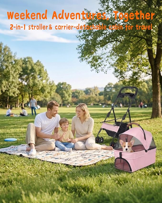 Pet Stroller with Removable Carrier, 35lbs Capacity - One-Click Foldable Dog Stroller, Cat Carrier & All-Terrain Wheels, Compact Travel Pet Stroller for Small to Medium Pets-Pink