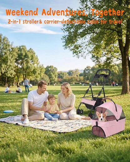 Pet Stroller with Removable Carrier, 35lbs Capacity - One-Click Foldable Dog Stroller, Cat Carrier & All-Terrain Wheels, Compact Travel Pet Stroller for Small to Medium Pets-Pink
