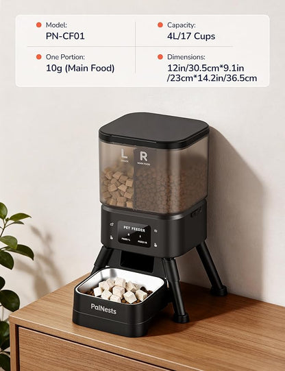 Dual Chamber Automatic Cat Feeder, Smart WiFi Pet Food Dispenser with 2.4&5G WiFi App, Custom Schedule & Portion Control for Dry Food and Treats, 4L, Black
