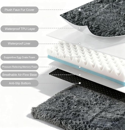 XL Orthopedic Dog Bed for Large Dogs, Dual-Layer Memory & Egg-Crate Foam, Washable Warm Winter Plush Cover, Waterproof Liner, Non-Slip Bottom, Crate/Kennel Pad, 44 x 32 Inch, Dark Gray