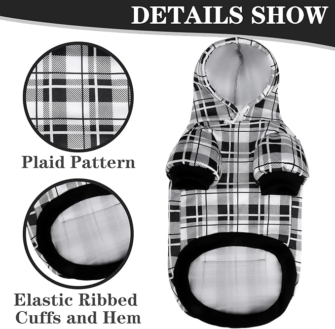 EXPAWLORER Plaid Dog Hoodie - British Style Warm Dog Sweater Shirt with Leash Hole,Pitbull Clothes Outfits,Winter Coat Apparel for All Breeds Puppy Girl Boy-Cat Apparel,Black & White X-Small