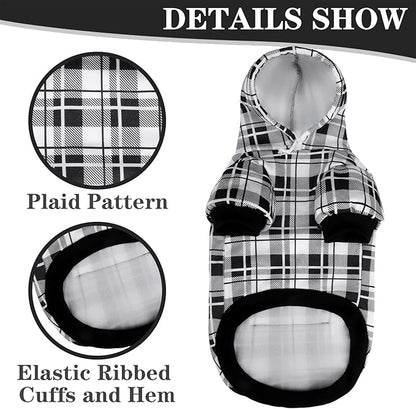 EXPAWLORER Plaid Dog Hoodie - British Style Warm Dog Sweater Shirt with Leash Hole,Pitbull Clothes Outfits,Winter Coat Apparel for All Breeds Puppy Girl Boy-Cat Apparel,Black & White X-Small