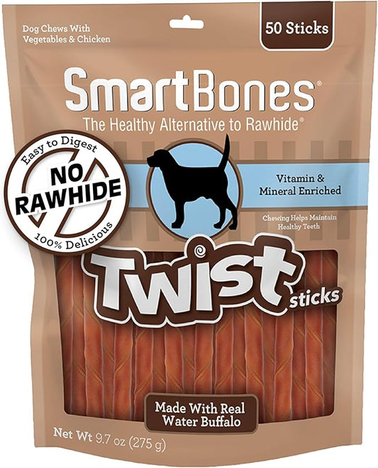 SmartBones Twist Sticks with Water Buffalo 50 Count, Rawhide-Free Chews for Dogs