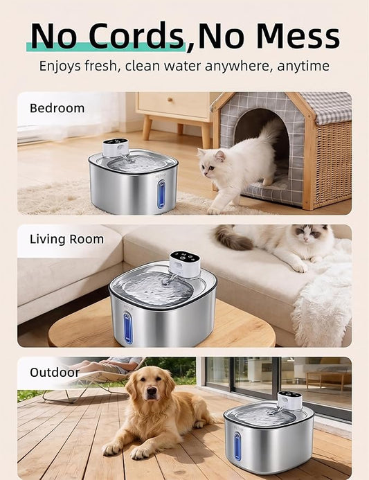 Wireless Cat Water Fountain,Stainless Steel,135 fl oz/4L Battery Powered Automatic Pet Water Dispenser, Cordless Design,Drinking Fountain for Cats, Dogs & Indoor (Cat Fountain+2 Filter)