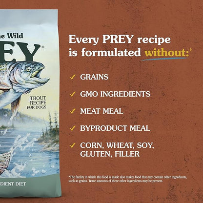 Taste of the Wild Prey Real Meat High Protein Trout Limited Ingredient Dry Dog Food Grain-Free Recipe Made with Real Spring-Fed Trout, and Includes Probiotics for All Life Stages 25 lb