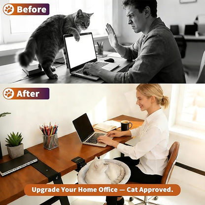 Cat Desk Hammock Bed Foldable Space Saving Hanging Cat Bed for Desk Table, Includes 2 Replaceable Ultra-Soft Faux Rabbit Fur Pads for All Seasons, Clamp Mount Supports up to 40lbs, Removable Covers