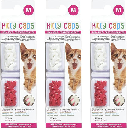 Kitty Caps Nail Caps for Cats, Pure White & Coral Red - Safe, Stylish & Humane Alternative to Declawing Stops Snags & Scratches, Medium (9-13 lbs), 40 Count - 3 Pack