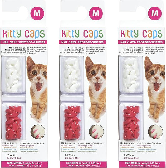 Kitty Caps Nail Caps for Cats, Pure White & Coral Red - Safe, Stylish & Humane Alternative to Declawing Stops Snags & Scratches, Medium (9-13 lbs), 40 Count - 3 Pack