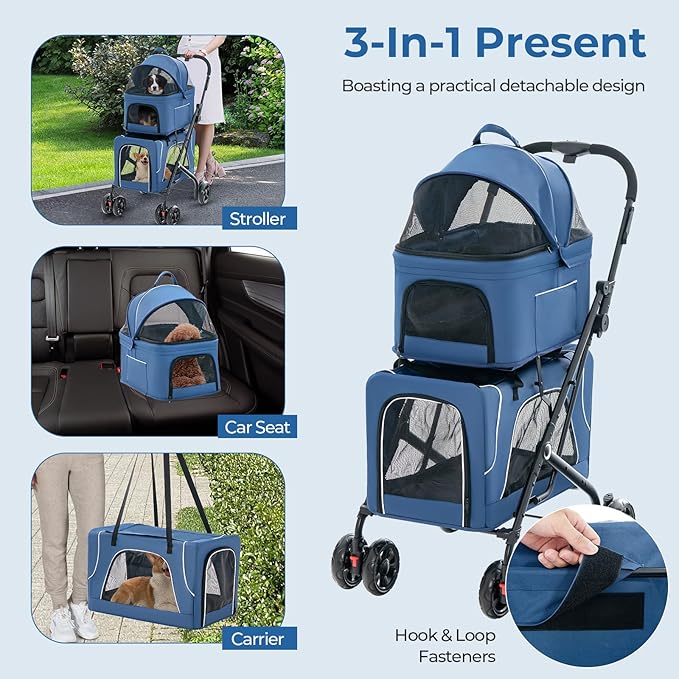 Pet Stroller with Detachable Carriers, Adjustable Cat Stroller for Small & Medium Pets, 4-in-1 Cat Carriers with Safety Belt and Lockable Wheels, Navy Blue