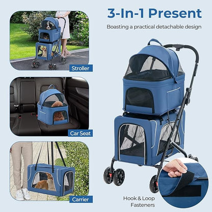 Pet Stroller with Detachable Carriers, Adjustable Cat Stroller for Small & Medium Pets, 4-in-1 Cat Carriers with Safety Belt and Lockable Wheels, Navy Blue