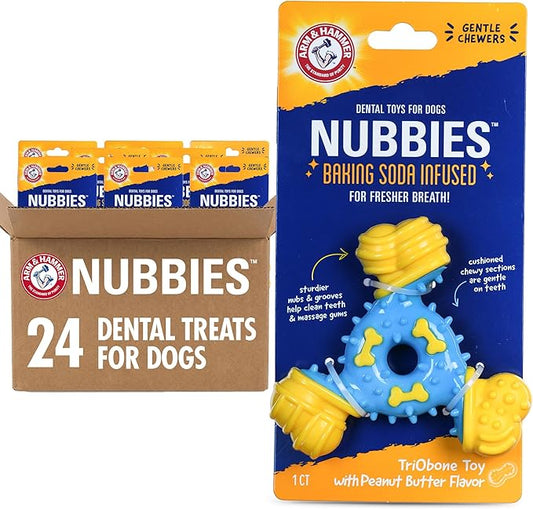 ARM & HAMMER for Pets Nubbies TriBone Dog Dental Toy Best Dog Chew Toy for Moderate Chewers Dog Dental Toy Helps Reduce Plaque & Tartar Peanut Butter Flavor Baking Soda (Pack of 24)