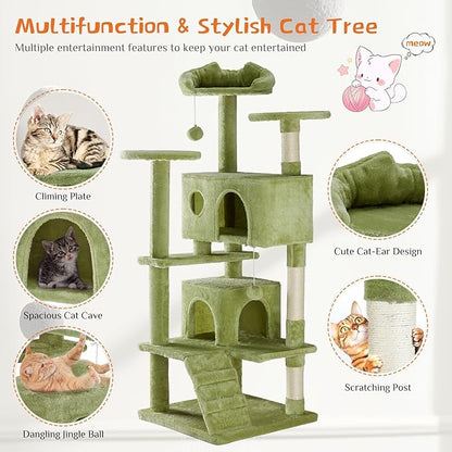 Cat Tree 54 Inch, Multi-Level Cat Tower with Condo, Perches, Sisal Scratching Posts and Climbing Ladder, Pet Play Toy Balls House for Indoor Cats, Green