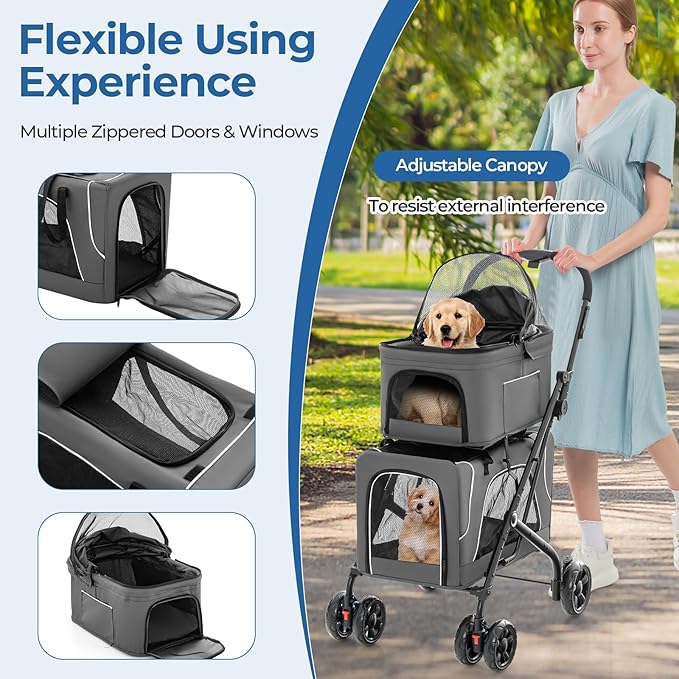 Foldable Pet Stroller, Removable Dog Stroller with 2 Front Universal Wheels, All Terrain Travel Cat Storage Bag with 2 Braked Rear Wheels, Pet Safety Seat, Gray